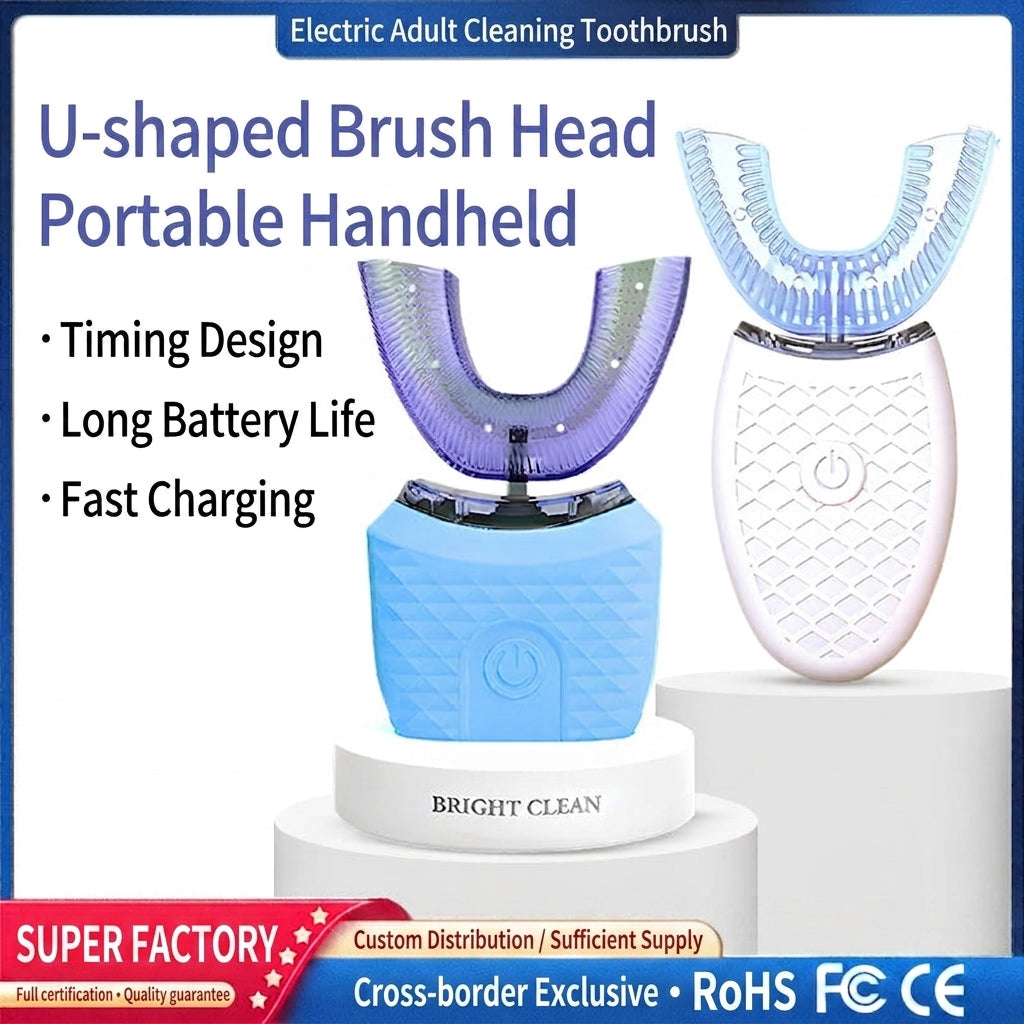 U-shaped rechargeable electric toothbrush set with charging stands and blue, purple, white heads.