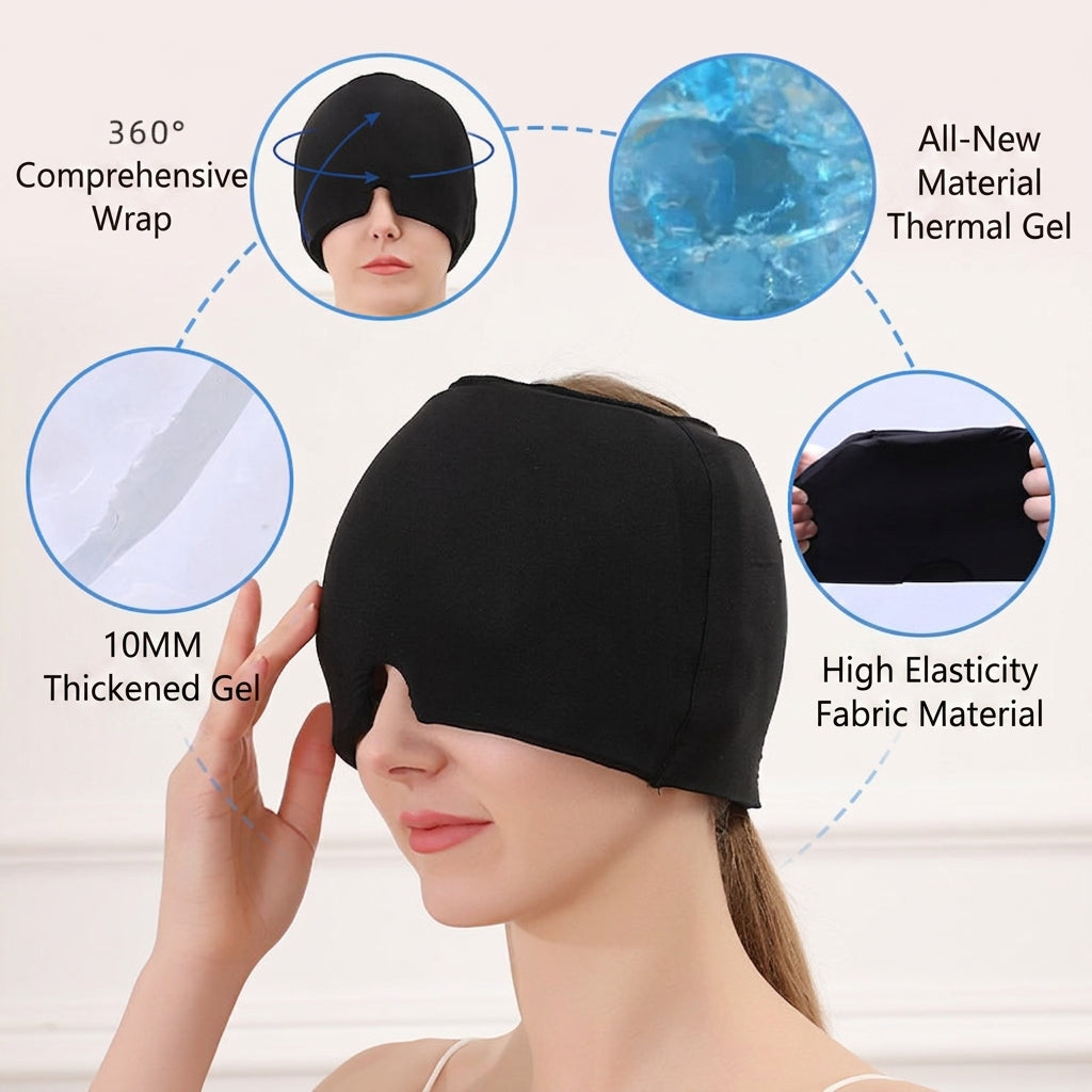 Black gel ice & hot compress head hood on model, covering forehead and eyes