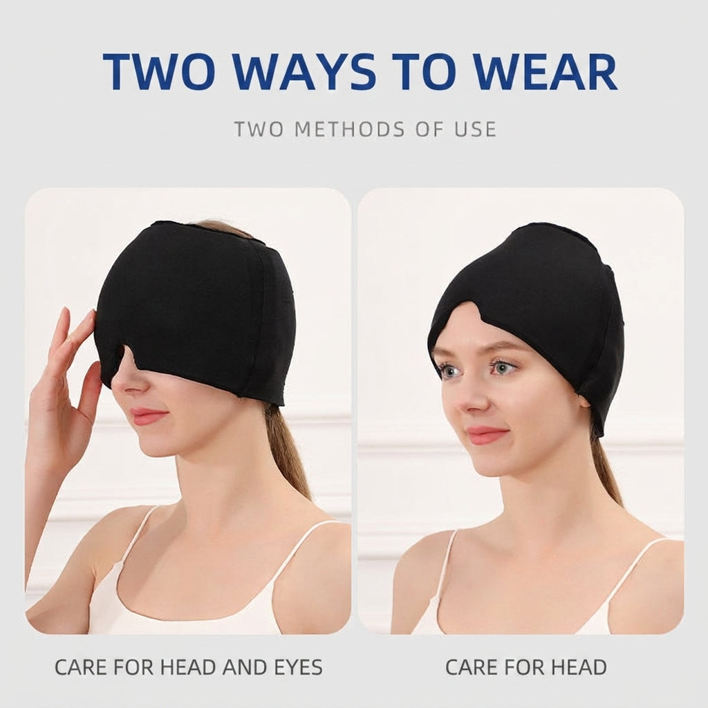 Black gel compress head hood with two wearing methods: head and head-plus-eyes