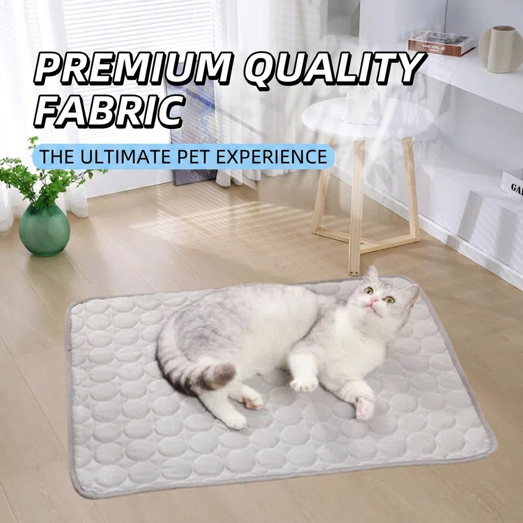 Light gray cooling mat for pets with dimple pattern; kitten lies on it