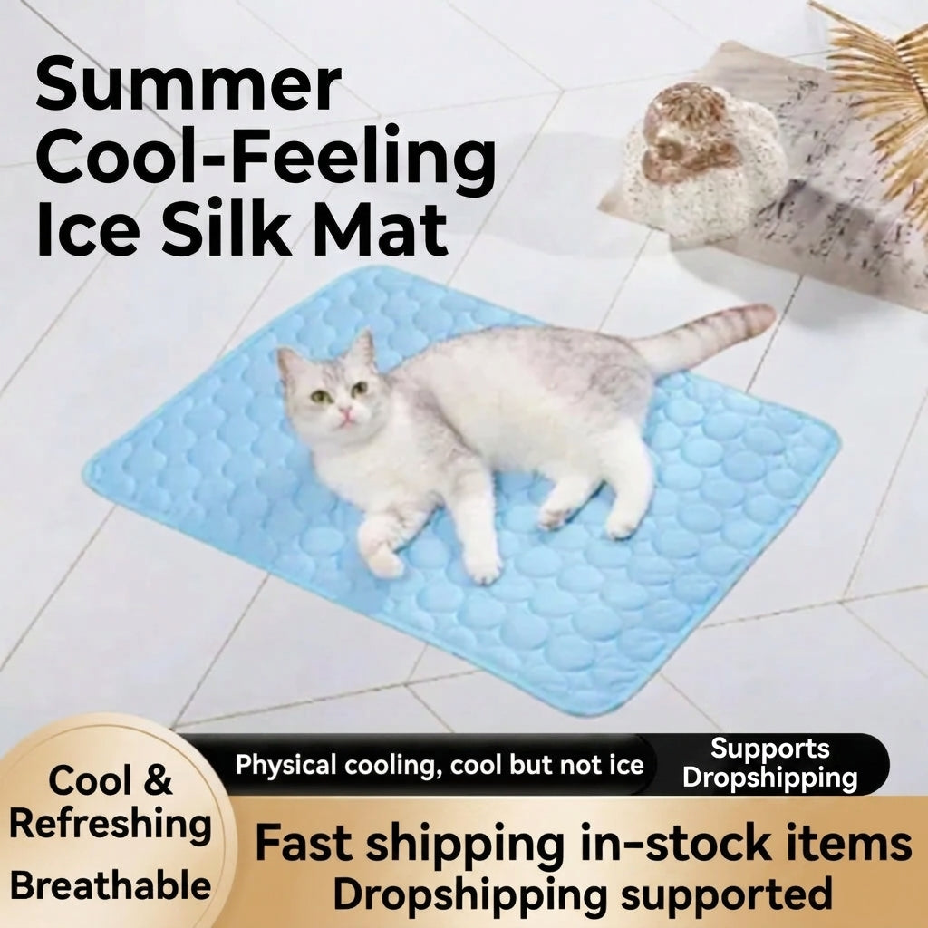 Sky blue pet ice silk mat with dimple pattern; cat lounging on the cushion