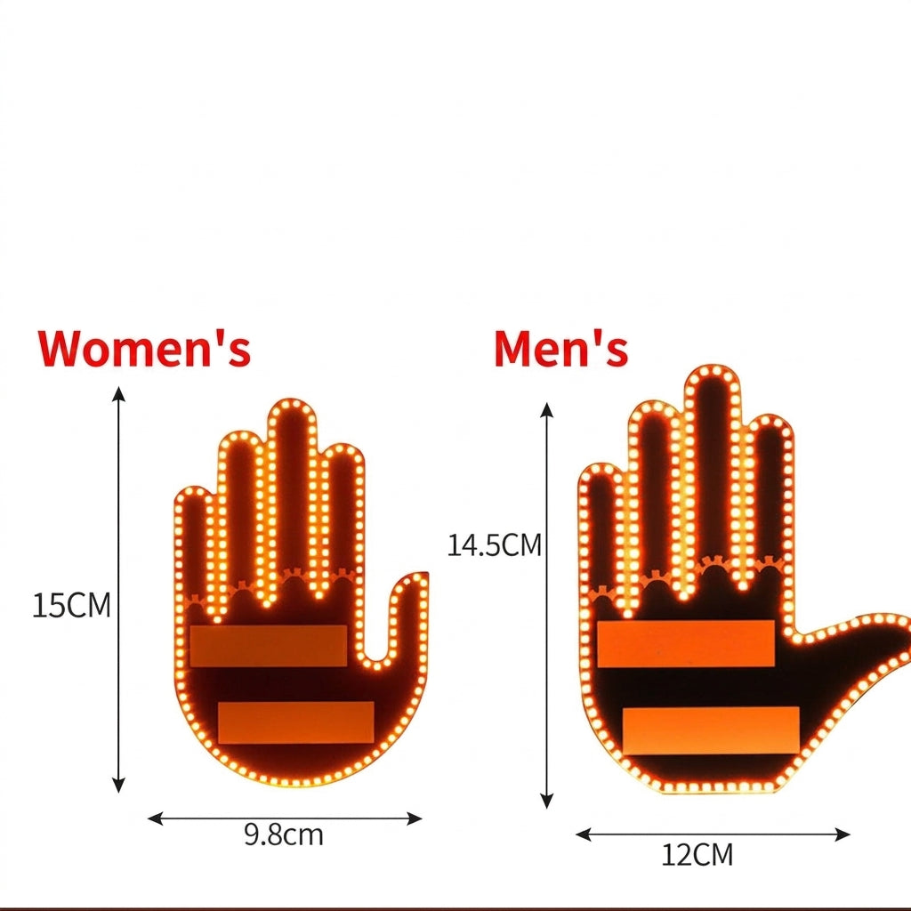 LED gesture light size diagram with orange illuminated hand measurements