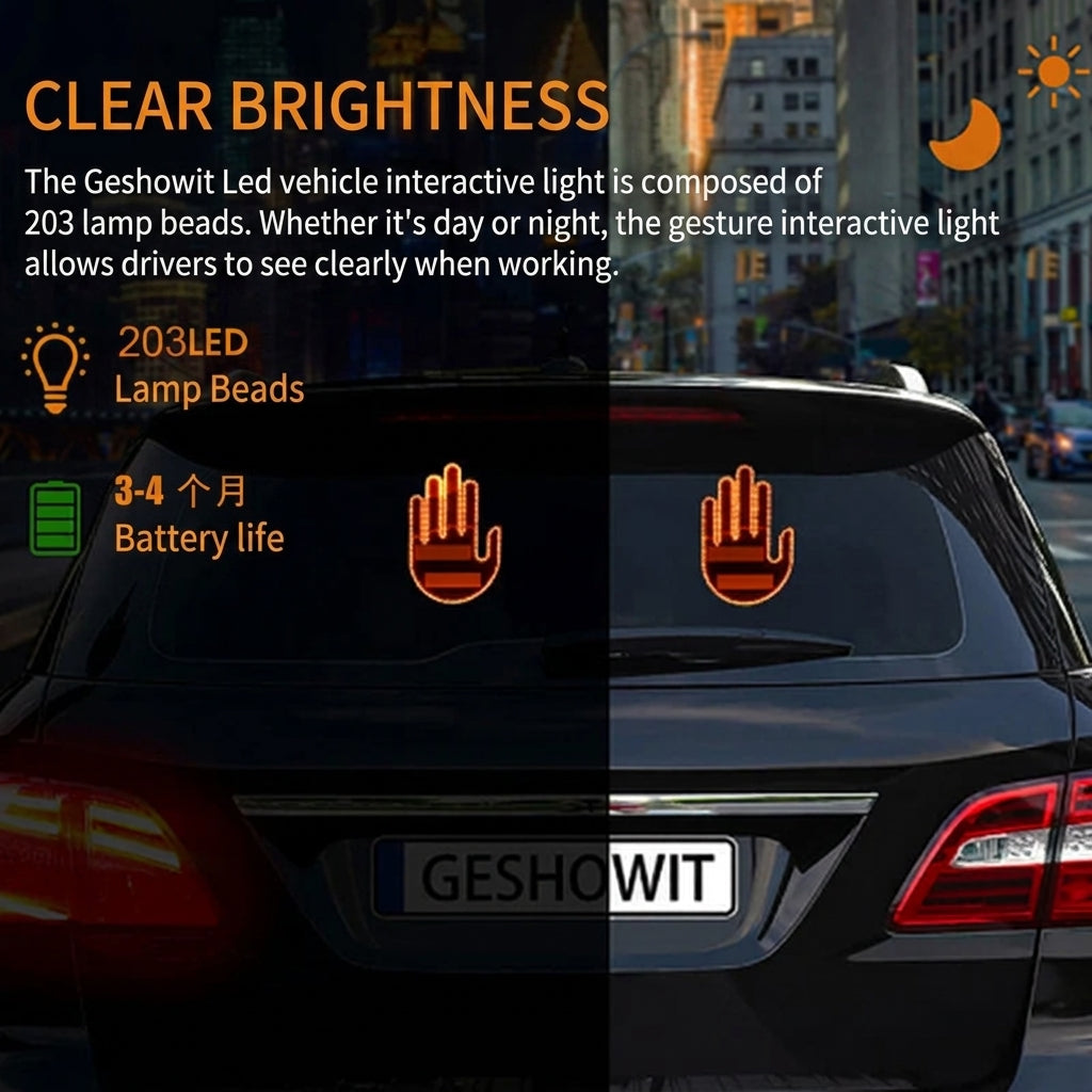 Interactive LED gesture car light with warm orange illuminated hand on rear window