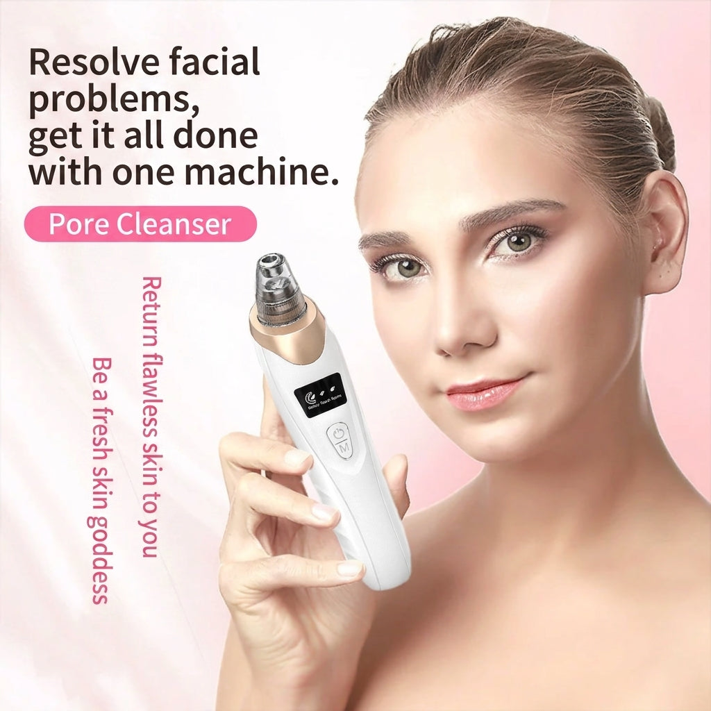 White facial pore cleanser vacuum with gold suction head, held near the face