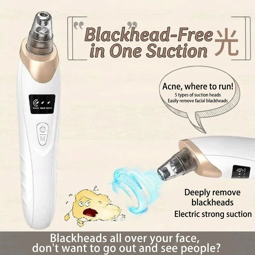 White electric pore vacuum blackhead remover with gold nozzle and multiple clear suction heads