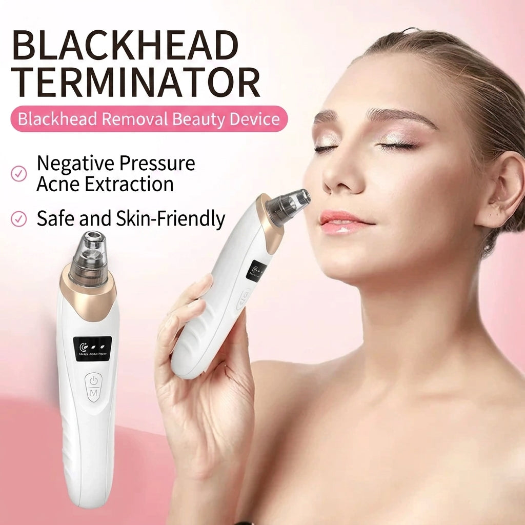 White pore vacuum facial blackhead remover with gold nozzle, held near cheek