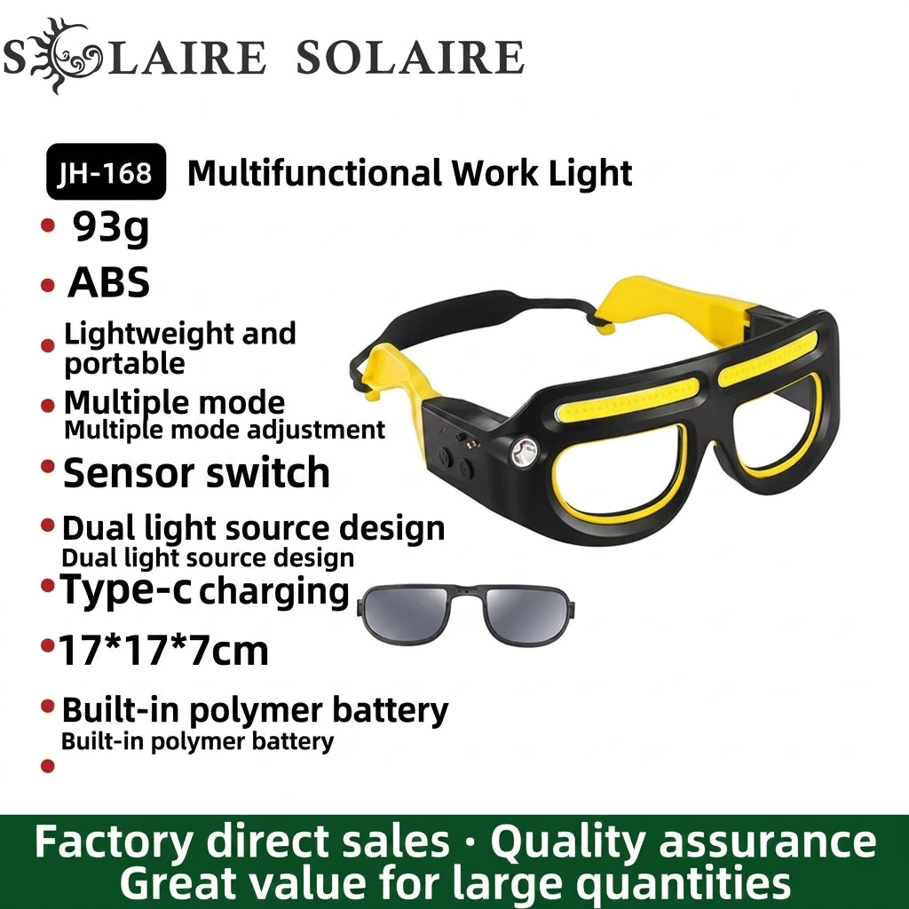 LED headlamp glasses shown with adjustable frame, black and yellow with dual light bars