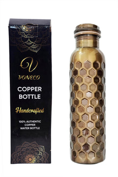 VONECO Easy Clean Premium Copper Water Bottle - 34OZ Black Honeycomb Design Leak-Proof Fusion Copper Bottle Ayurvedic Pure Soloman Copper Water Bottle for Drinking Copper Drinkware Hand Washable