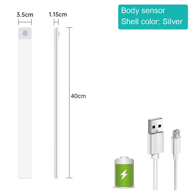 Silver motion sensor LED light bar with USB power connectors and sensor capsule
