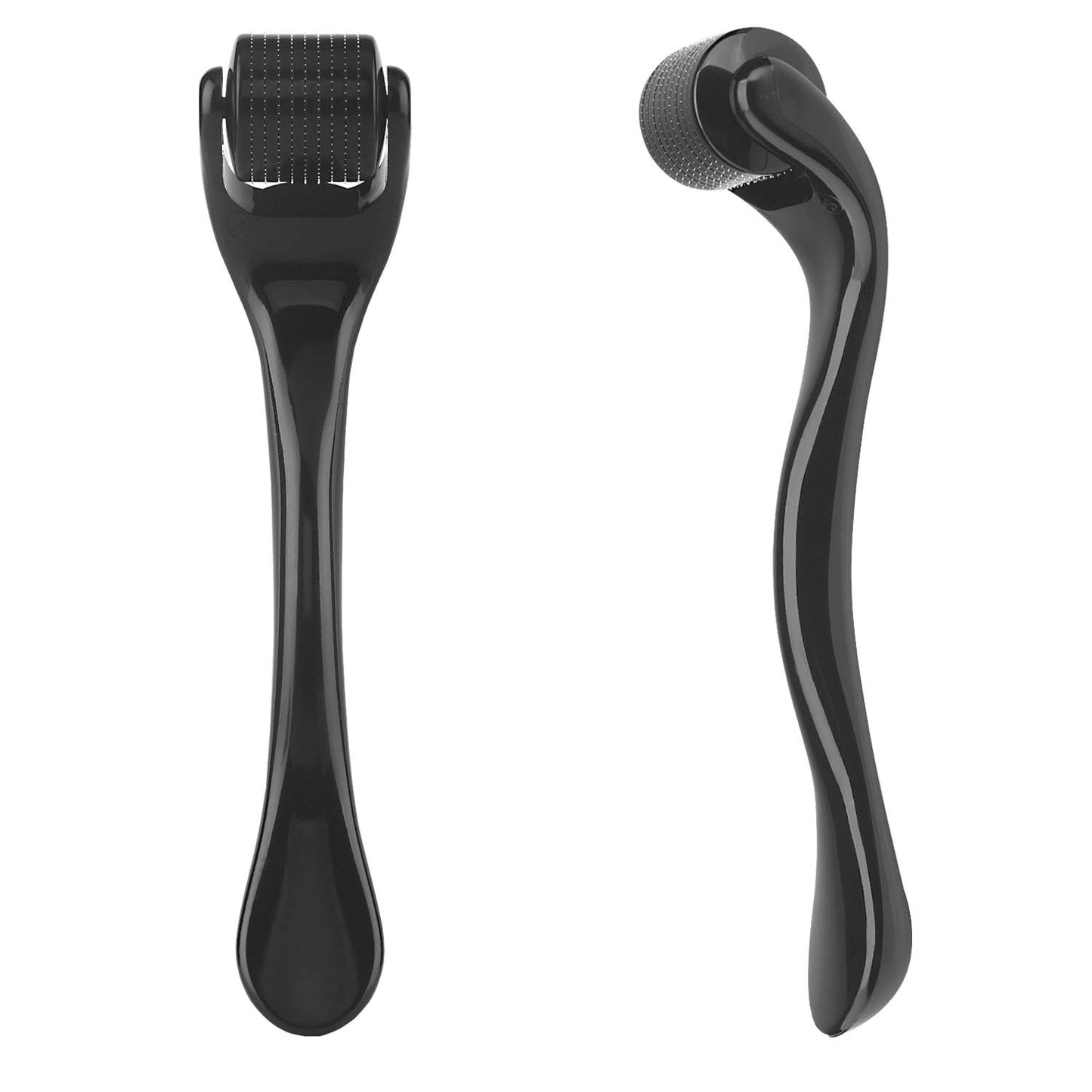 Black microneedling face roller with needle drum and curved ergonomic handle