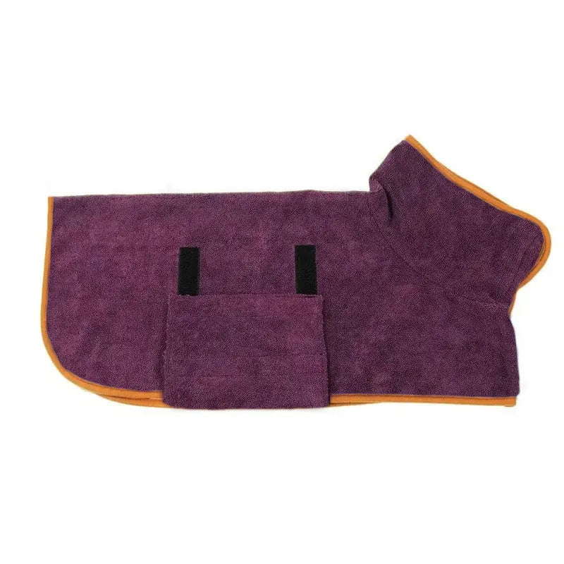 Pet bathrobe towel, purple with orange trim, side hood shape and front pocket with black loops