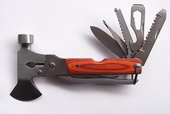 Multitool with hammer head, knife blade, and various tools on a white background