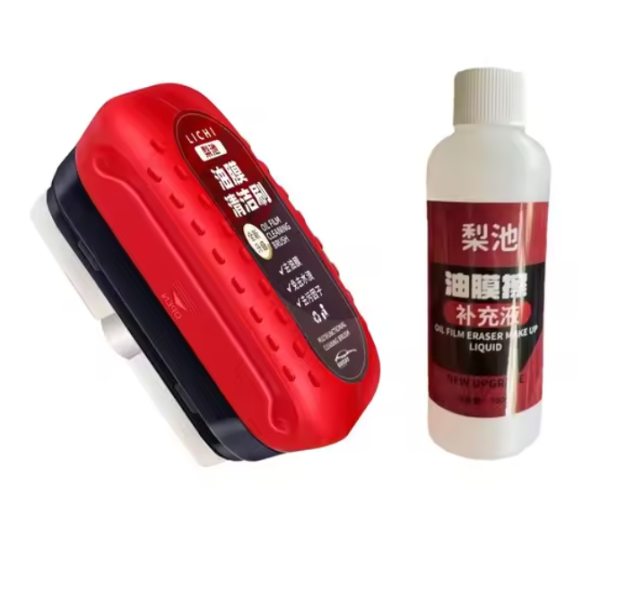 Oil film cleaner bottle with cap, alongside red car glass film remover tool
