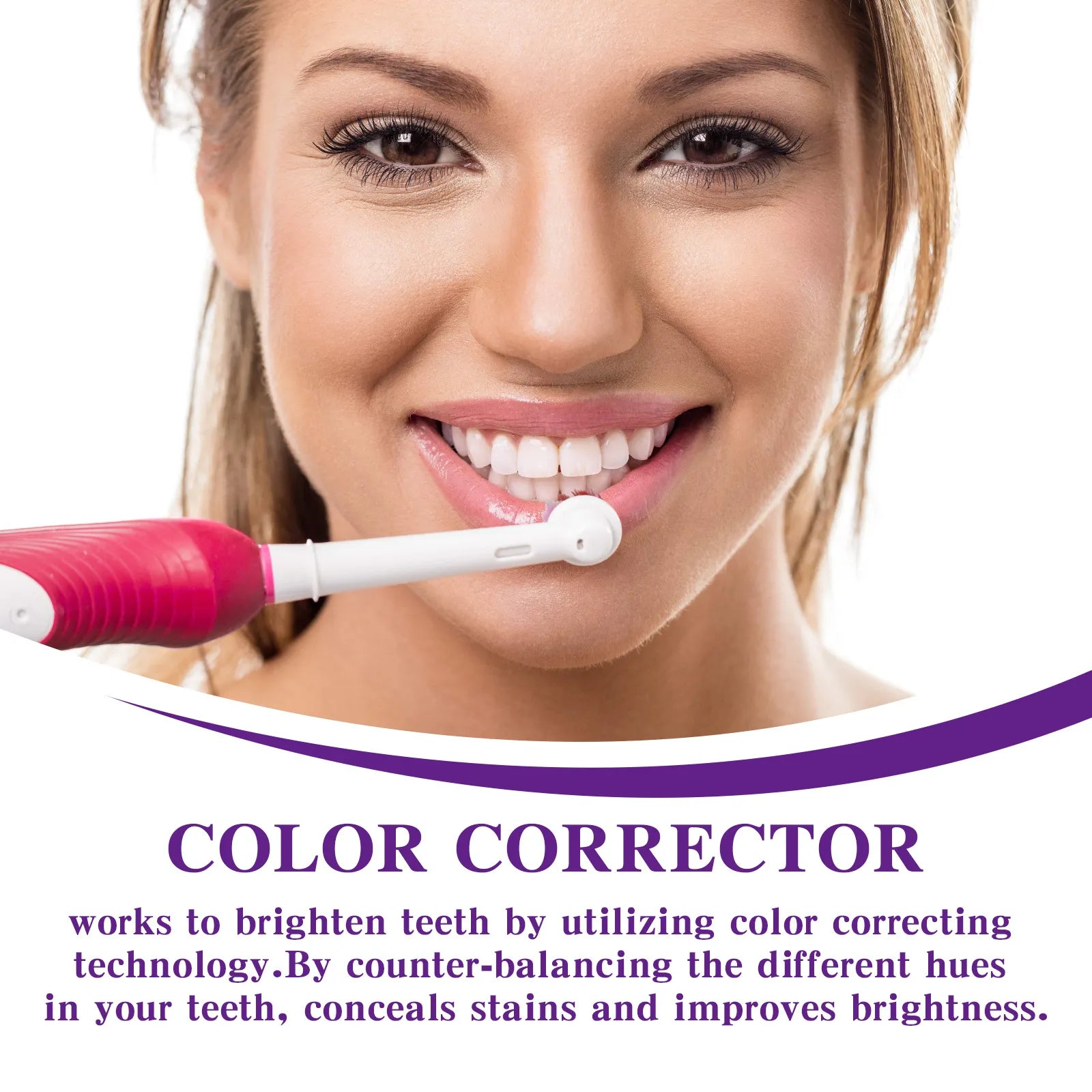 Teeth color corrector toothbrush use shown on a smiling face