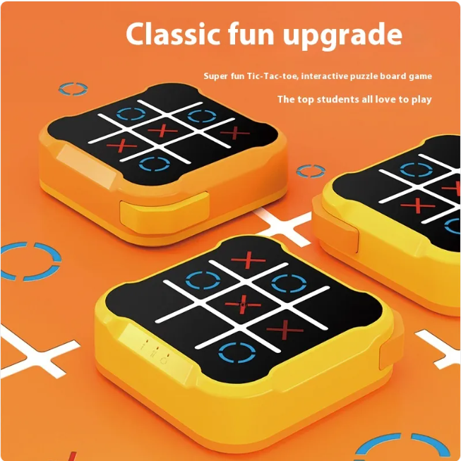 Orange and yellow tic-tac-toe puzzle boards with black screens, blue circles, and red Xs