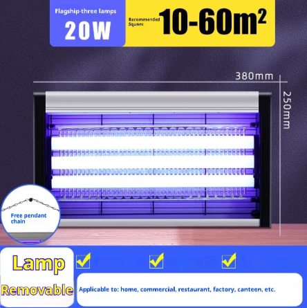 20W electric fly and mosquito killer lamp with glowing blue UV tubes inside metal frame