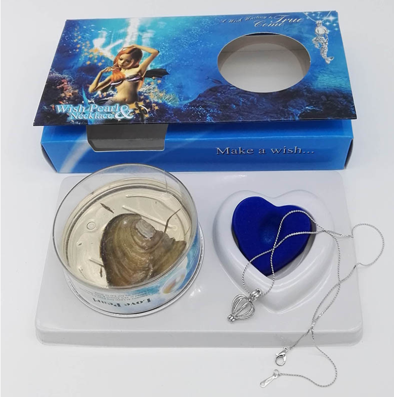 Wish pearl necklace gift set in blue packaging with heart-shaped pendant and chain