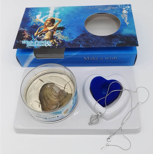 Wish pearl necklace gift set in blue packaging with heart-shaped pendant and chain