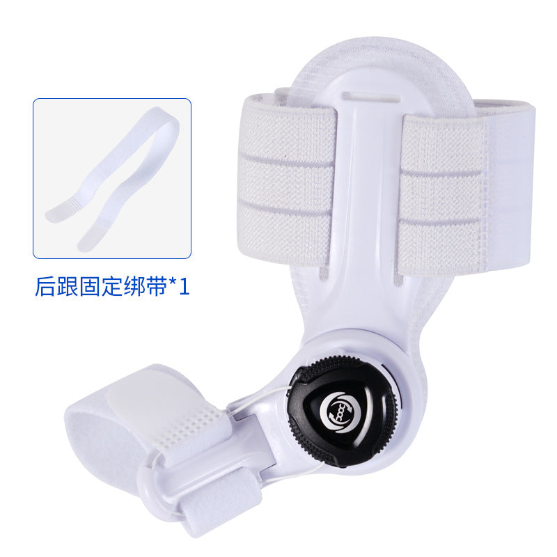 White bunion corrector brace with fabric heel straps and toe separator, circular knob