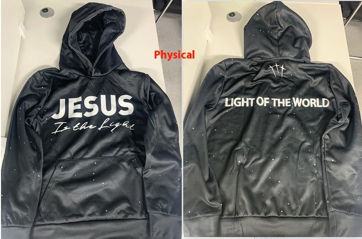 Black pullover hoodie showing front 'JESUS' graphic and back 'LIGHT OF THE WORLD'