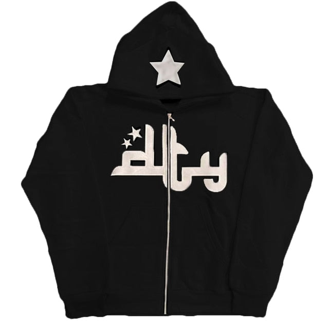 Black zip-up hoodie with white star and Arabic-style graphic, full hood, front zipper