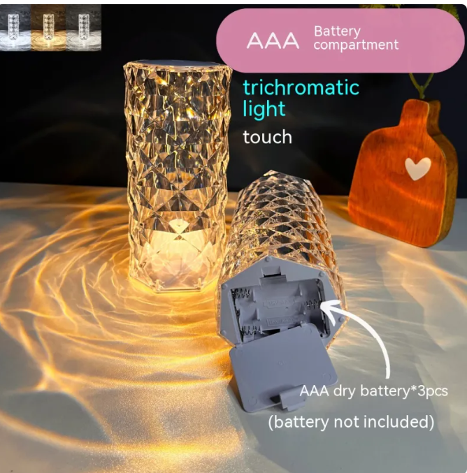CrystalBloom LED rose lamp with faceted glass cylinder and golden light glow