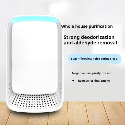 White plug-in air purifier with blue LED glow and perforated base