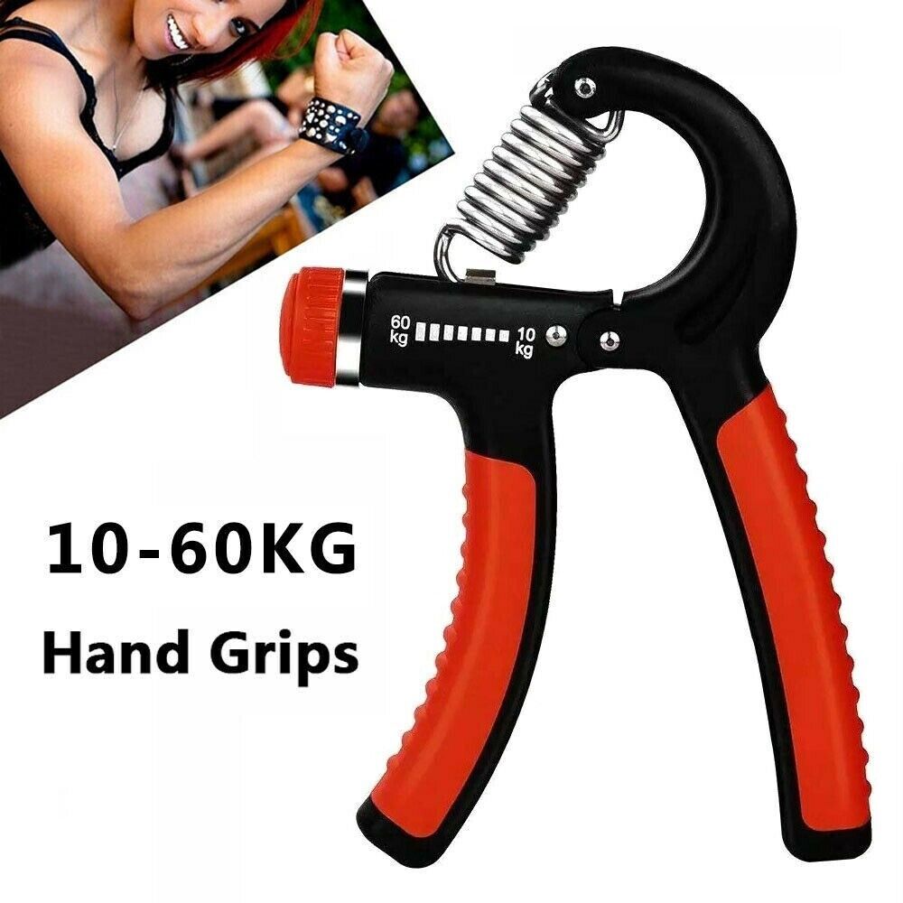 Hand grip strength trainer with coiled steel spring and textured red rubber handles on black frame
