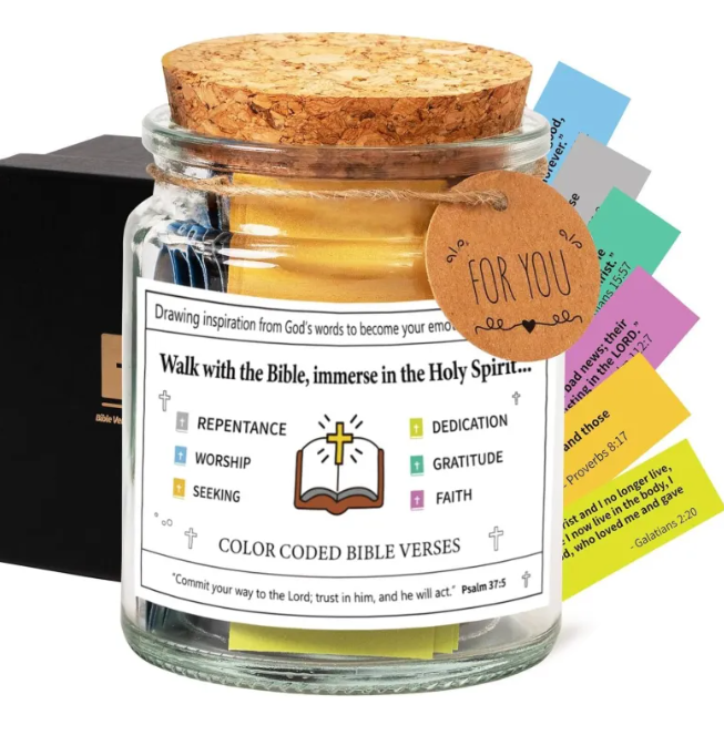 Bible verse jar with cork lid, gold ribbon, brown “FOR YOU” tag, and colorful scripture cards