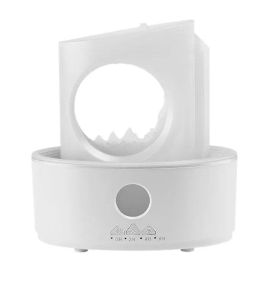 White ultrasonic humidifier with circular mist outlet chamber and round front control