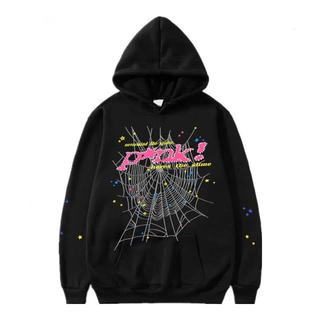 Black pullover hoodie with hood and colorful spiderweb graphic print on chest
