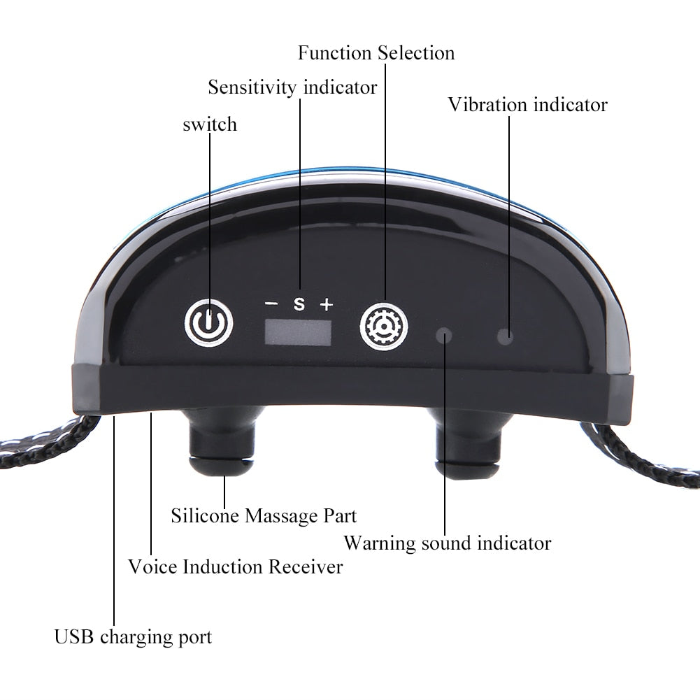 Black dog training collar with top controls, indicator icons, and charging port