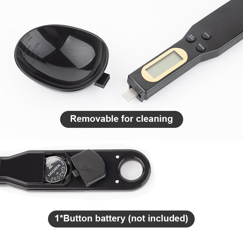Kitchen spoon scale with removable cup for cleaning, LCD panel on black handle