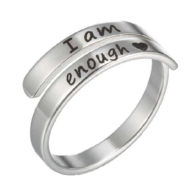 Silver-tone engraved double ring band with bold cursive "I am enough" on top