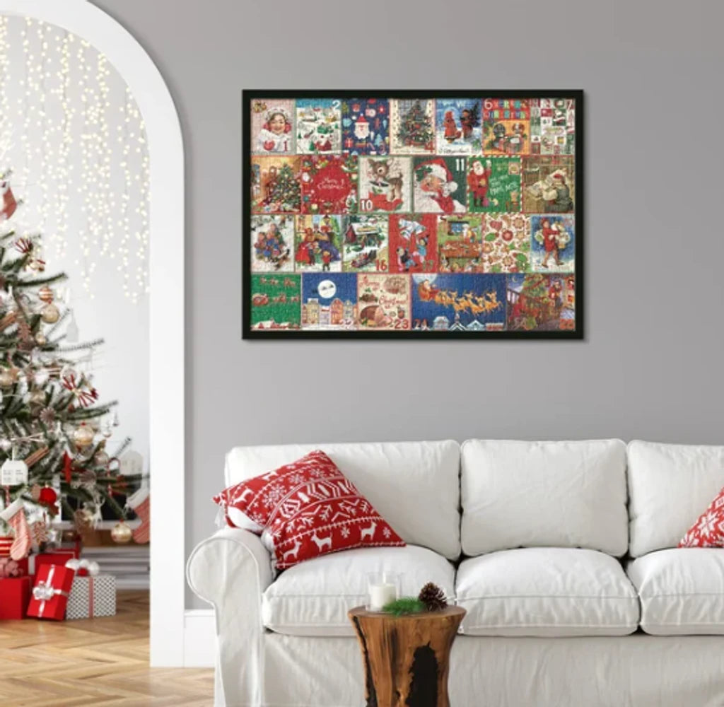 Framed Christmas advent calendar jigsaw puzzle poster with red and multicolor panels