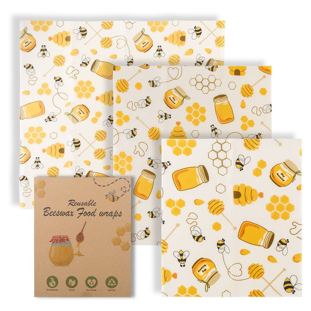 Beeswax food wrap set with honey and hexagon pattern, pack of three