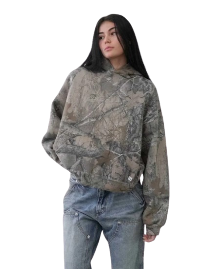 Camouflage oversized pullover hoodie with hood, long sleeves, kangaroo pocket