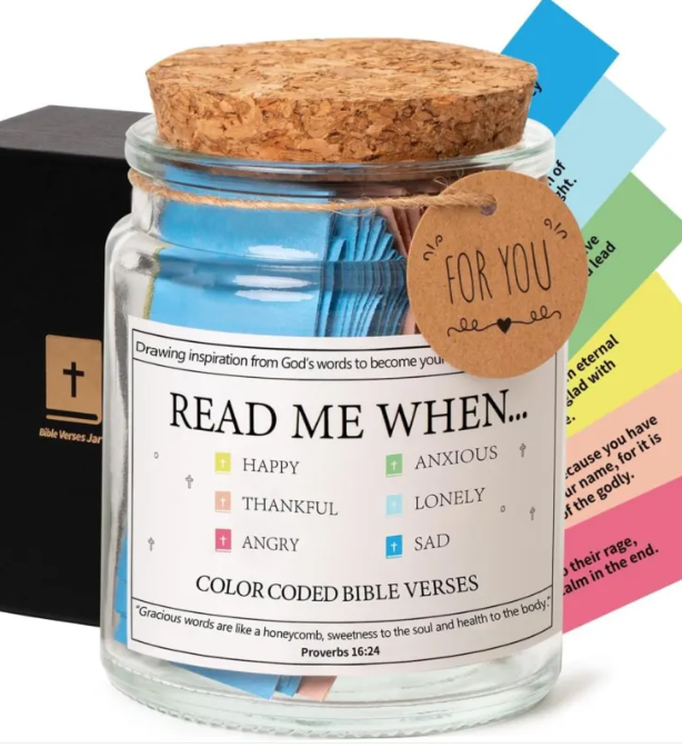 Glass scripture card jar with cork lid and “FOR YOU” tag; “READ ME WHEN...” label.