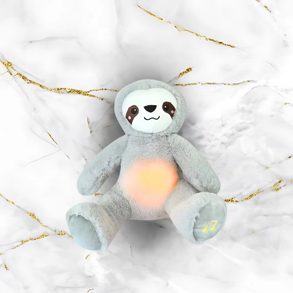 Light blue panda plush music toy with glowing belly and sleepy face