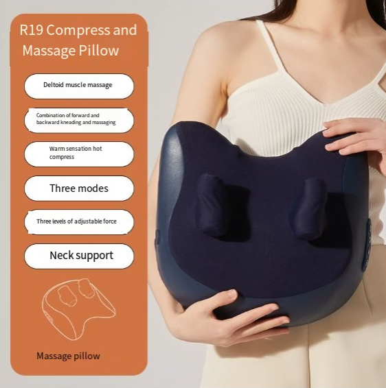 Navy neck massage pillow held in hands, padded kneading rollers visible