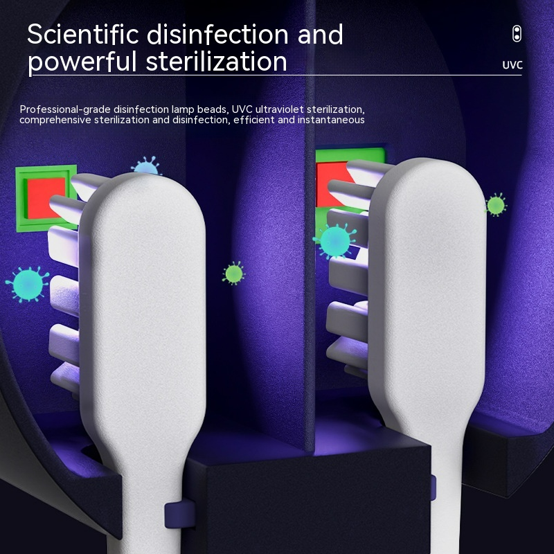 White UV sanitizer holder with two vertical toothbrush slots and glowing interior