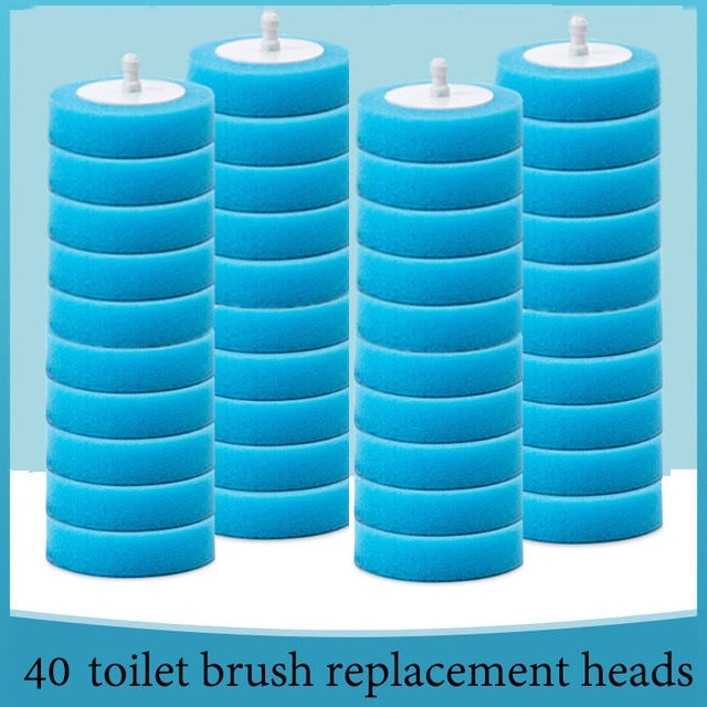 Multiple stacks of blue disposable toilet brush replacement heads with white caps