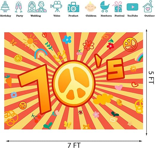 Photo backdrop design with peace sign and numbers 1 and 5, shown with 7 ft by 5 ft size