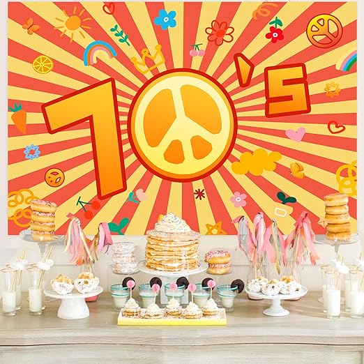 Hippie party photo backdrop with peace sign centerpiece, daisies, and large number 5