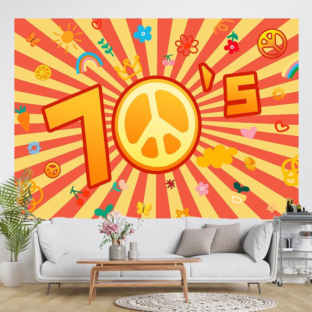Hippie photo backdrop with peace sign, daisies, red-and-yellow rays, and numbers 1 and 5