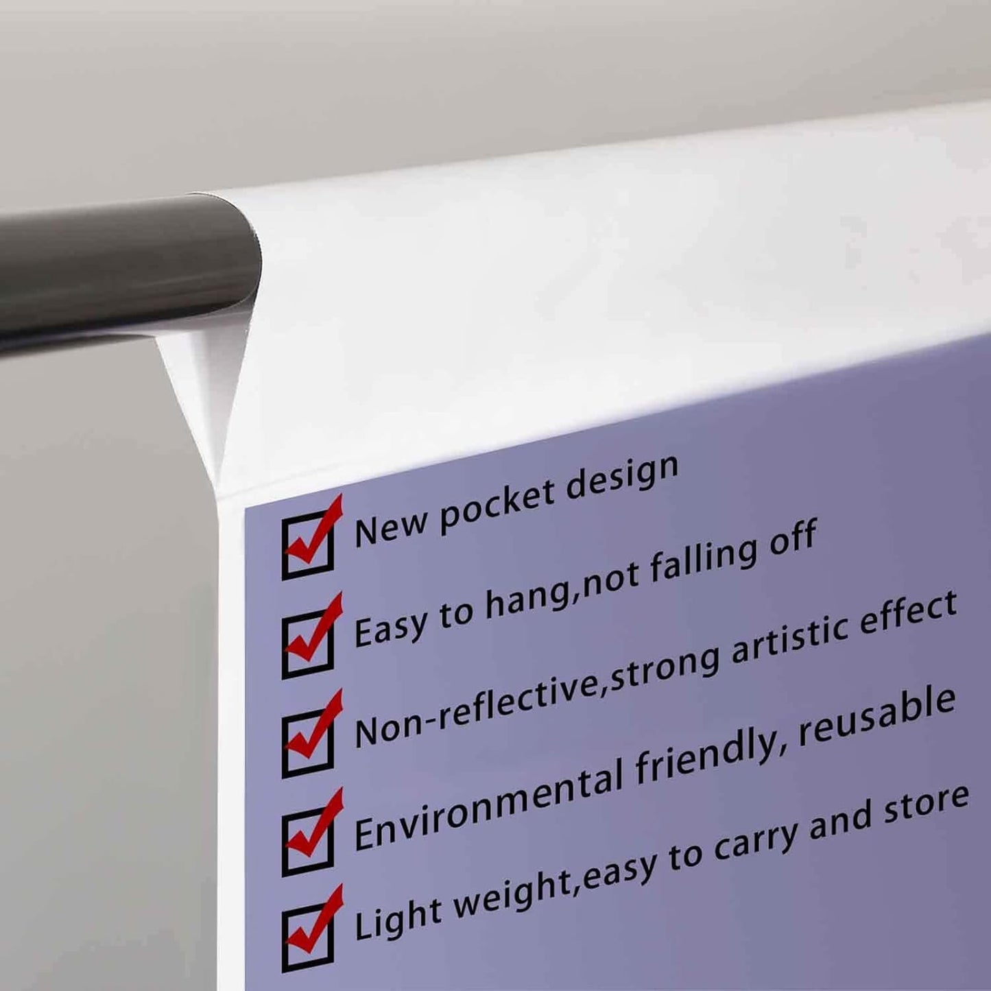 Hanging pocket design and care feature icons for a photo backdrop, with checkmarks