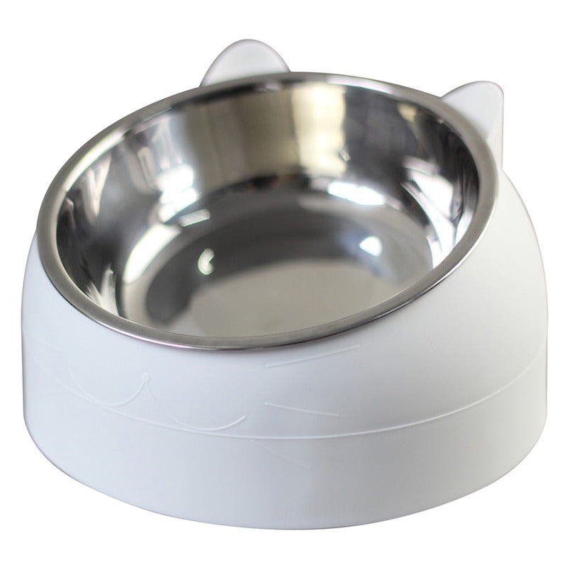 White elevated cat food bowl with stainless steel inner dish and ear-like side supports