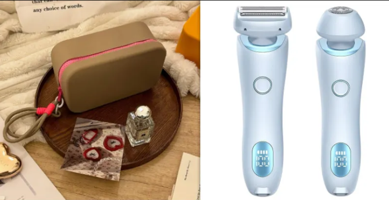 Electric duo body shaver set in light blue, with two shavers and a tan zip case