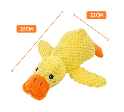 Yellow plush duck toy with orange beak and feet, stretched side view on white