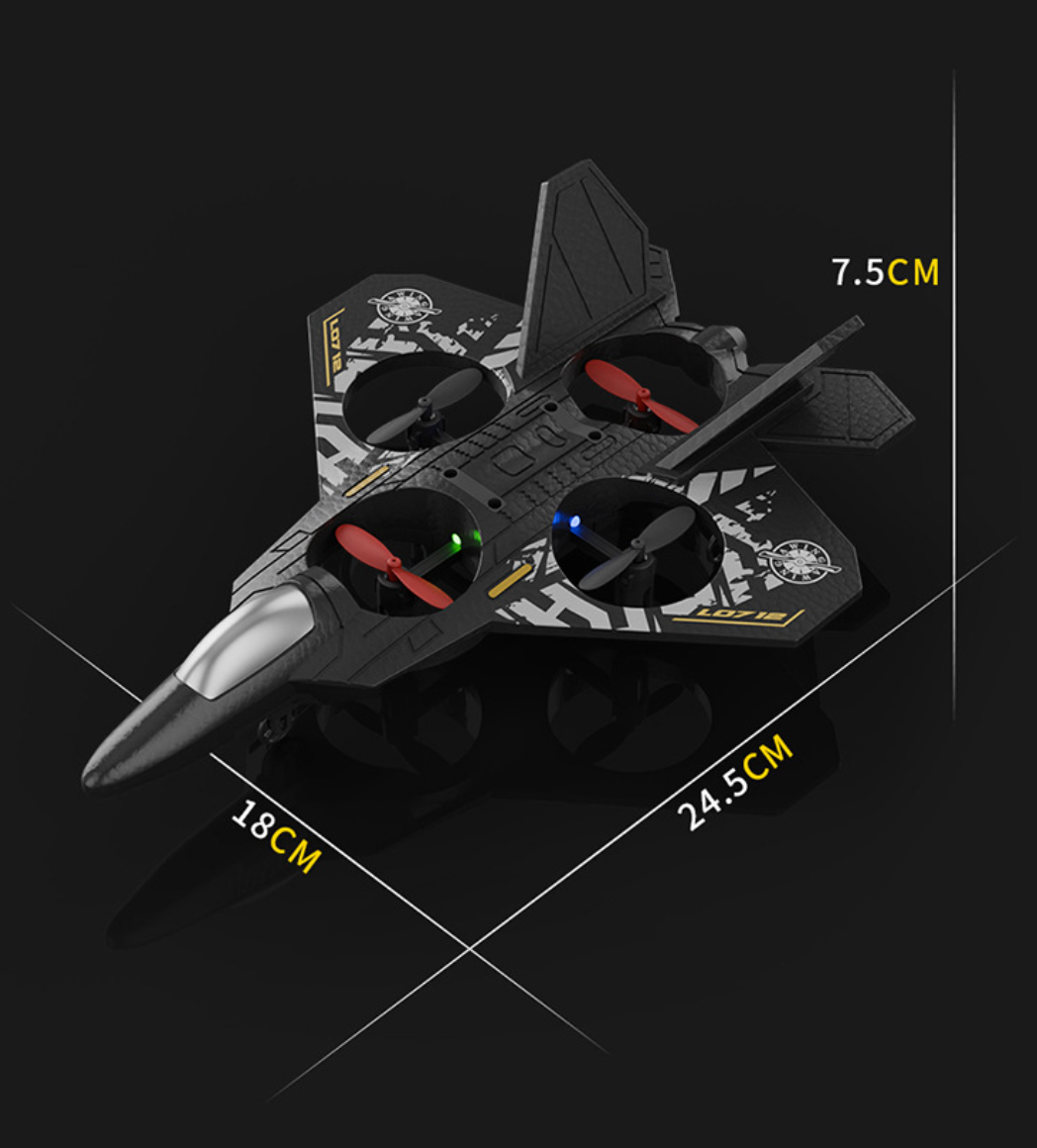 Black-and-gray RC fighter jet toy with red prop guards and four rotors
